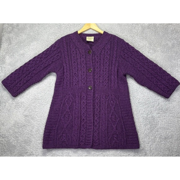 VTG Kilronan Wool Cable Knit Ireland Fisherman Cardigan Sweater Purple Buttons M - Picture 5 of 9